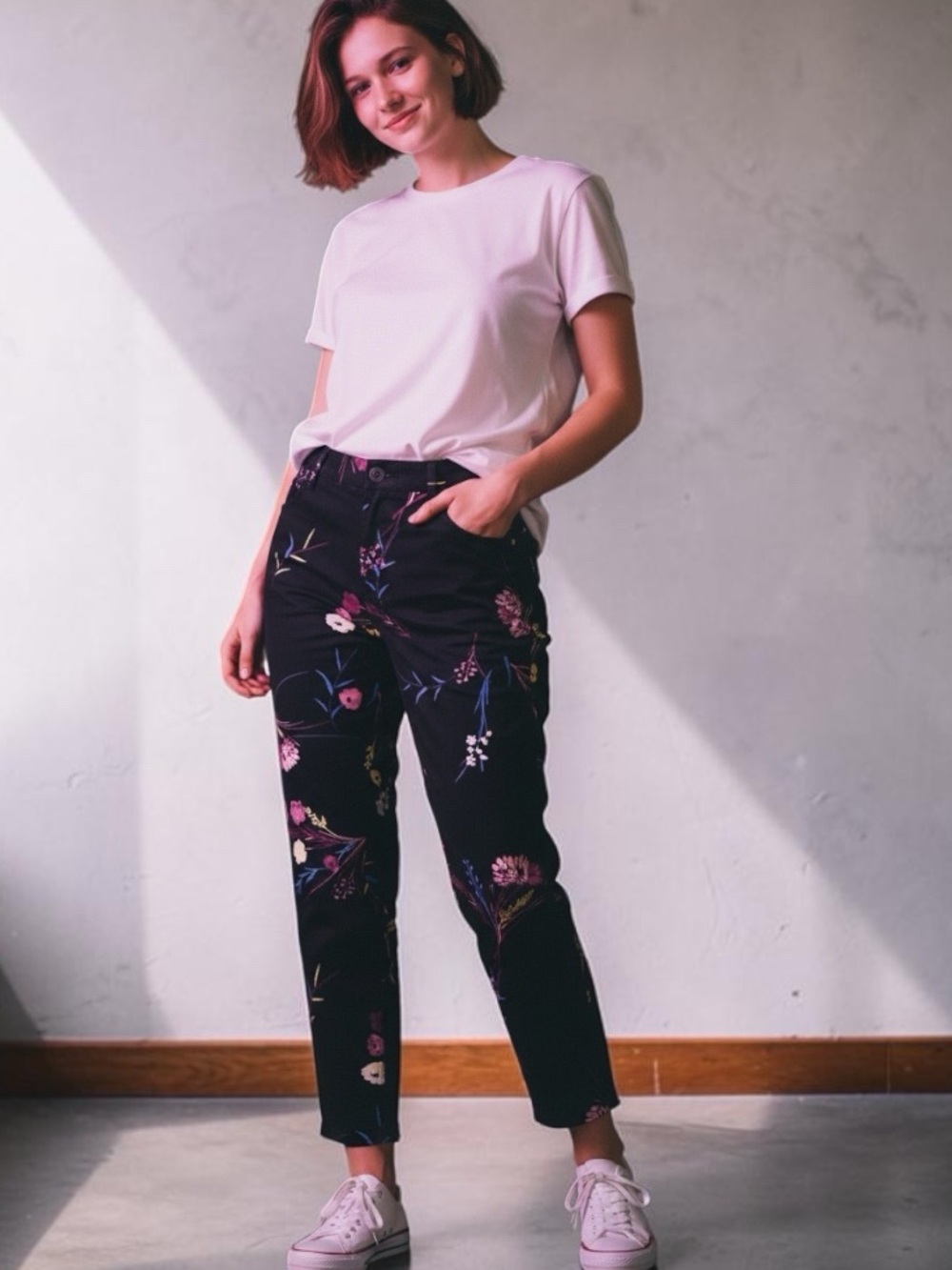 Worthington Ankle Pants Size 10 Colorful Floral Black Dark Wash 25.5” Inseam